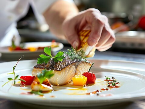 Exquisite plating of sea bass by a gourmet chef
