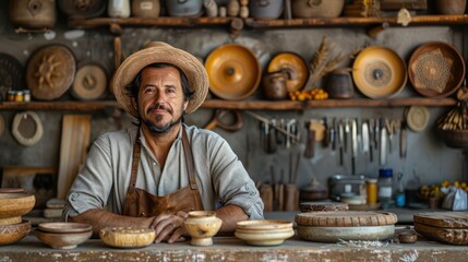 A man wearing a straw hat is sitting at a table with a variety of bowls - Powered by Adobe