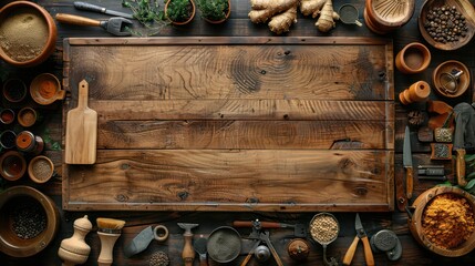 A wooden board with a variety of spices and kitchen utensils on it