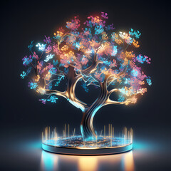 Holographic tree with leaves displaying digital patterns