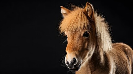 portrait of a pony, photo studio set up with key light, isolated with black background and copy space