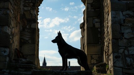 A noble German Shepherd stands guard at the gates of an ancient castle, its silhouette strong against the backdrop of stone walls and history, symbolizing protection and loyalty low texture