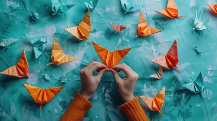 A person is folding paper butterflies on a blue background