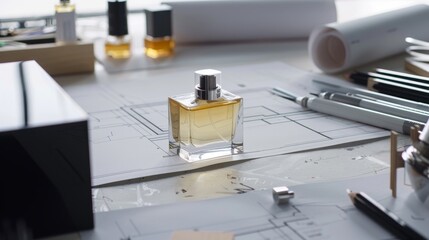 A minimalist, rectangular perfume bottle on a modern architect s desk, surrounded by blueprints and models, symbolizing precision, clarity, and vision no splash