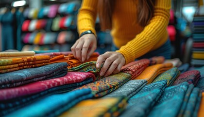 Fototapeta premium A woman is looking at a pile of colorful fabrics