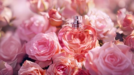 A heartshaped perfume bottle, delicately placed among a bed of roses, capturing the essence of love and the intoxicating aroma of romance low noise