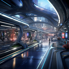 Sci-fi subway station with high-speed trains.