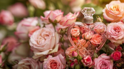 Obraz na płótnie Canvas A heartshaped perfume bottle, delicately placed among a bed of roses, capturing the essence of love and the intoxicating aroma of romance low noise