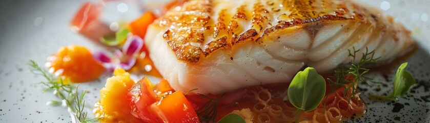 Flounder presented as a masterpiece of upscale cuisine - obrazy, fototapety, plakaty