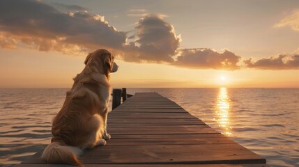 A loyal Golden Retriever waits patiently at the end of a windswept pier, gazing out over the ocean at sunset, symbolizing unwavering faithfulness and the bond between human and pet hyper realistic - obrazy, fototapety, plakaty