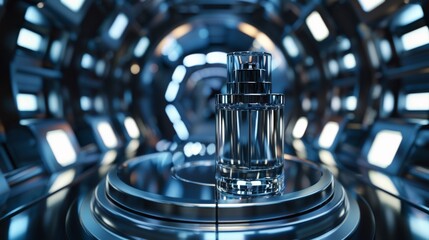 A futuristic, metallic perfume bottle, under the stark, artificial lights of a space station,...
