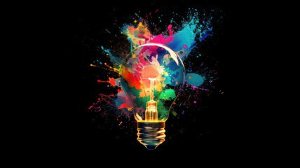 Creative light bulb explodes with colorful paint and splashes on a black background. Think differently creative idea concept Generative AI