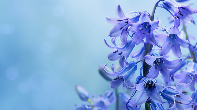 A cluster of delicate bluebell flowers stands out with a beautiful bokeh effect enhancing the dreamy and magical feel of the photograph