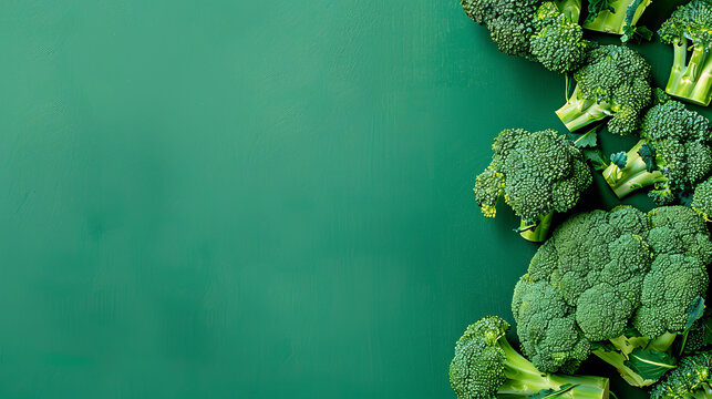 A collection of fresh broccoli florets neatly aligned on a textured dark green surface showcasing healthy food