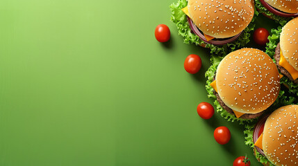 Multiple scrumptious burgers with fresh tomatoes strategically placed on a green surface, great for a banner with blank space