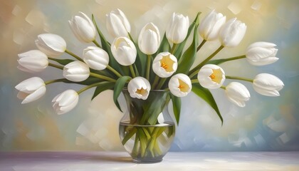 Abstract impressionistic Oil painting white tulips floral bouquet in a vase, very detailed, the master's strokes, sharp colors, and very charming, high resolution, pastel background