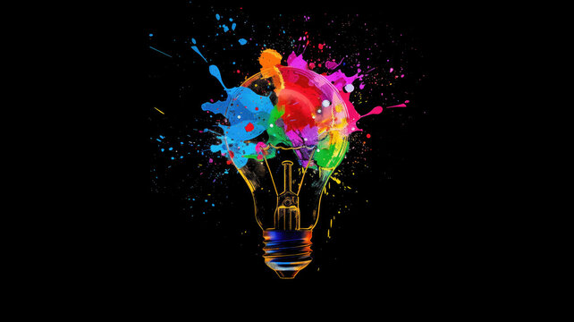 Creative light bulb explodes with colorful paint and splashes on a black background. Think differently creative idea concept Generative AI