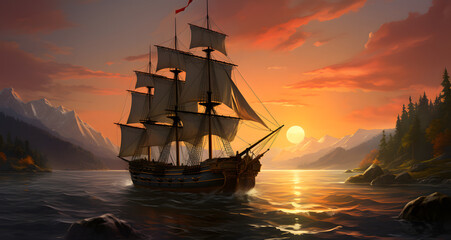 an old sail boat on the ocean at sunset
