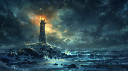 A eerie and moody lighthouse in a harsh storm.  Contrasting teal and orange tones have a strong vibe for your application.