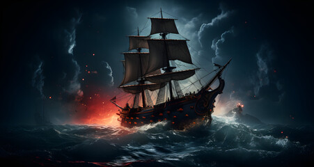 an illustration of a sail ship in the middle of a stormy ocean - obrazy, fototapety, plakaty