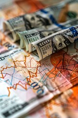Naklejka premium Crumpled US hundred-dollar bills set against a backdrop of vivid financial charts, symbolizing economic analysis and market fluctuations.