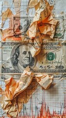 A chaotic assembly of crumpled financial documents and US dollar bills laid over fluctuating market graphs, depicting economic distress or disorganization.