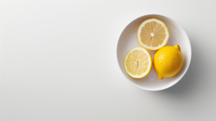 One whole lemon and two half sliced lemons in a bowl on white background top view