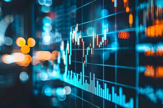 Data Analysis Illustration featuring stock / cryptocurrency bar chart screen , bokeh effects with bar chart market graph 