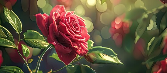 A close up of a vibrant red hybrid tea rose with lush green leaves in a stunning garden setting, perfect for flower arranging or simply admiring the beauty of this flowering plant - obrazy, fototapety, plakaty