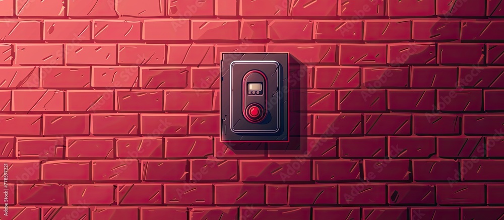 Poster a rectangular red brick wall with a magenta button on it, showcasing a symmetrical pattern of brickw