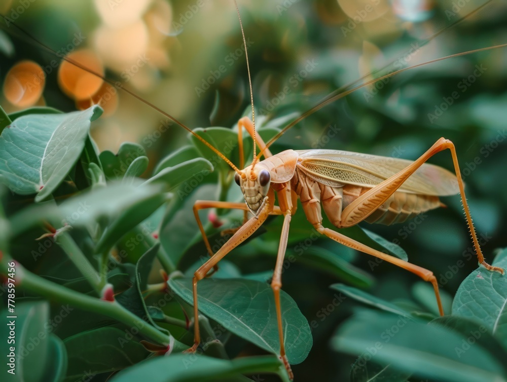 Poster close up of a vibrant orange grasshopper on green foliage with shallow depth of field and bokeh