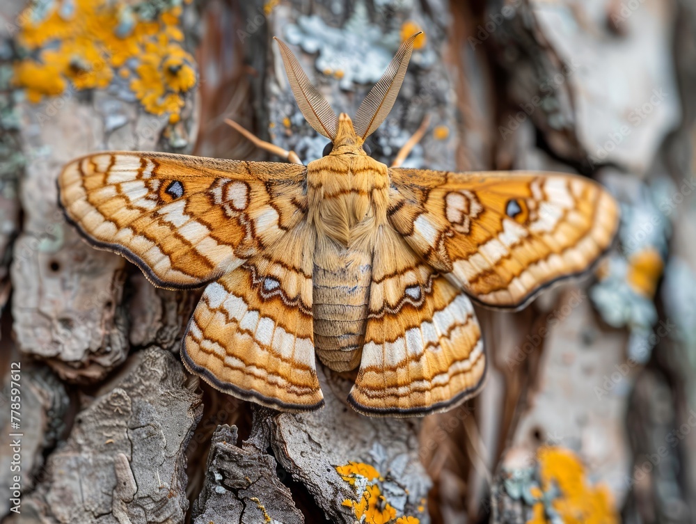 Poster close up of intricate patterned moth resting on textured tree bark with lichen