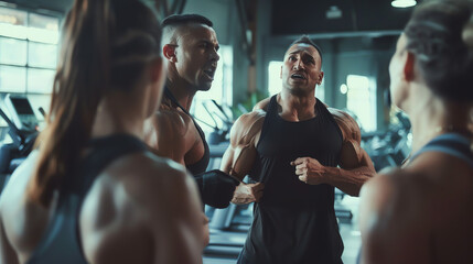 A dedicated fitness trainer motivating their clients to push their limits during an intense workout session at the gym. - obrazy, fototapety, plakaty