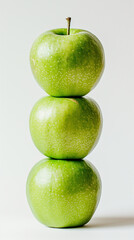 Three Green Apples stacked on top of each other on white background