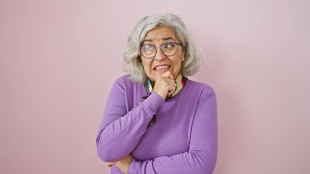 Nervous middle age woman, grey-haired and bespectacled, standing worried over a tough question, hand on chin, isolated on a pink background