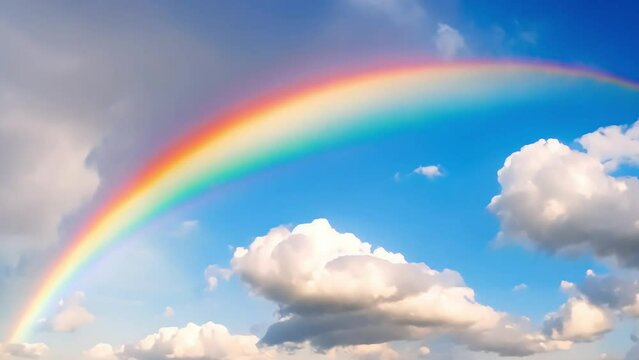 beautiful rainbow in the blue sky with white clouds