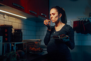 Pregnant Woman Not In the Mood to Eat a Doughnut. Preggy lady disliking the taste and smell of delicious foods 
 - obrazy, fototapety, plakaty