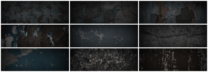 Set of dark panoramic background textures. Collection of wide textures with peeling paint, cracks, rust, scratches, noise and grain. Rough surfaces of old walls. Bundle of backgrounds for design.