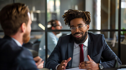 A knowledgeable business consultant offering expert advice to a corporate client during a meeting. - obrazy, fototapety, plakaty