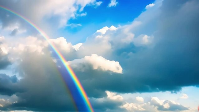 beautiful rainbow in the blue sky with white clouds