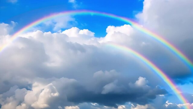 beautiful rainbow in the blue sky with white clouds