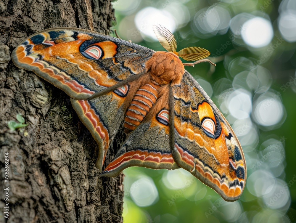 Poster close up of a vibrant emperor moth with ornate patterns resting on tree bark in natural habitat