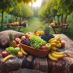 five kg rice or baryane tabale on the nodal in five plats five chair one house in the sofa sat eid day cpachei dabal bed in the garden inone table on the a basket full of the grapes, apple , ctarbe an - obrazy, fototapety, plakaty
