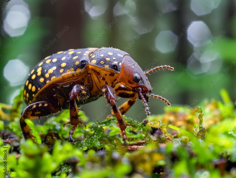 Poster close up of colorful spotted beetle crawling on vibrant green moss in a lush forest setting with sof