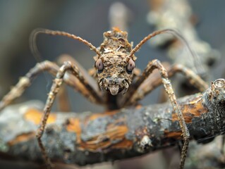 Fototapeta premium Macro Photography of a Camouflaged Insect Blending with Natural Wood Habitat