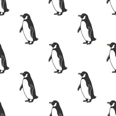 Penguins Arctic wildlife illustration.
Vector art in onochrome linear style. Animals wild life seamless pattern.