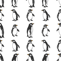 Penguins Arctic wildlife illustration.
Vector art in onochrome linear style. Animals wild life seamless pattern.