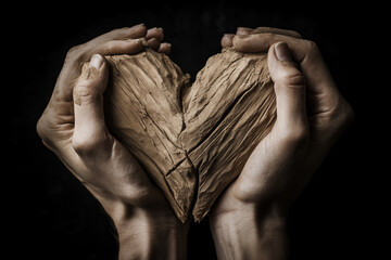 Black and White Overhead photo of hands of a man holding a broken wooden heart