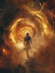 Man Facing Cosmic Swirl of Golden Light