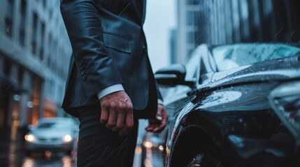 Businessman, hands and chauffeur by car door for travel accommodation, designated driver or commute. Hand of male person on vehicle handle in professional transport service, business class or pick up